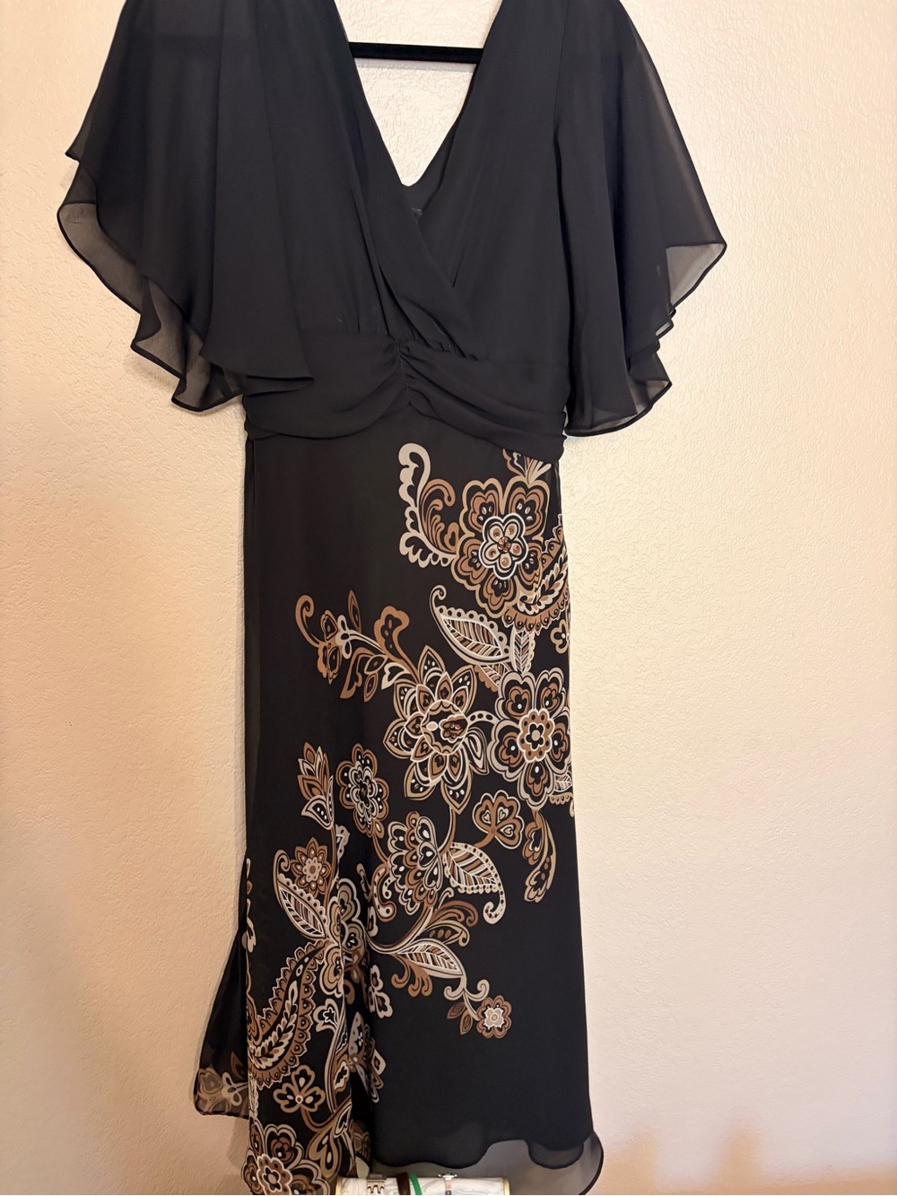 Black Floral Flutter-Sleeve Dress